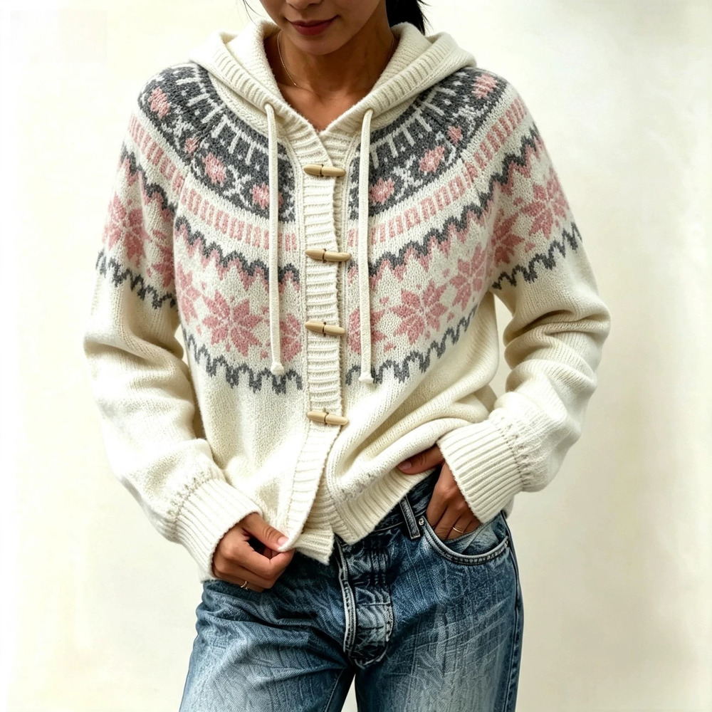 ZARA Loose Fair Isle Snowflake Hooded Knit Cardigan Horn Button Retro Jacquard